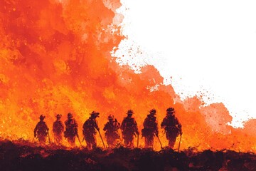 Fototapeta premium Firefighters stand together against a backdrop of bright flames and smoke, preparing to face a fierce wildfire. Their silhouettes are striking against the vivid orange and red hues.