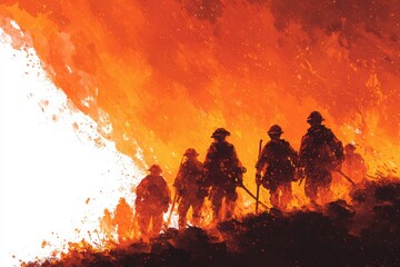 Fototapeta premium Firefighters face a massive wildfire engulfing the terrain. The orange flames light up the darkening sky as these heroes work tirelessly to control the spread of the fire during sunset.