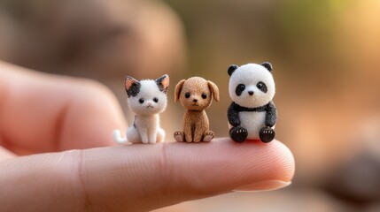 Miniature Animal Trio: A captivating close-up showcases three adorable miniature figurines of a puppy, another puppy, and a panda, meticulously crafted and poised elegantly on a human fingertip. 