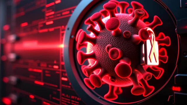 Hiv virus concept ,Red Virus Protection Security Against Health Threats with Padlock Symbol in Vibrant Color During Pandemic
