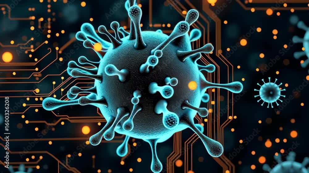 Poster hiv virus concept ,digital virus model with spikes amid circuit patterns and glowing particles showc