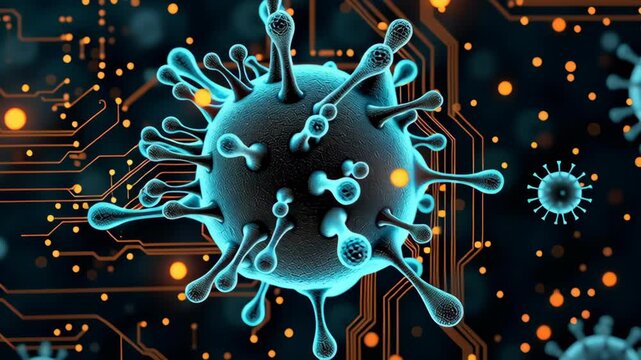 Hiv virus concept ,Digital Virus Model with Spikes Amid Circuit Patterns and Glowing Particles Showcasing Technology and Biology
