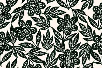 Bold black floral pattern with stylized flowers and leaves on a cream background. Hand-drawn, high-contrast design perfect for fabric, prints, and stationery.