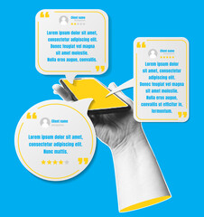 Customer feedback testimonial banner. Collage post with halftone hand holding smartphone with speech bubbles. Review of reviews, social review, customer experience, rating satisfaction