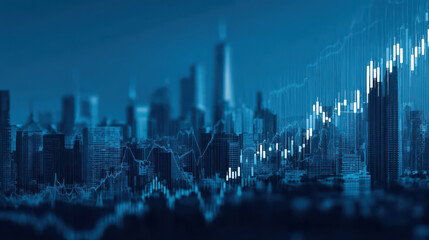 Rising stock market graph over cityscape, business data analytics
