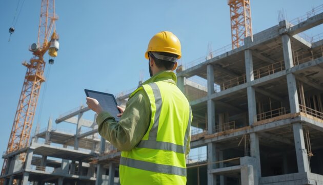 Engineer in yellow vest and helmet stands on construction site, holding digital tablet. Focus on building under construction with cranes in background. Man works, plans, inspects project.
