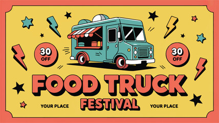 Teal food truck festival with lightning stars retro