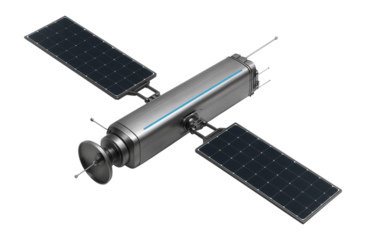 Satellite with elongated body and cross-shaped solar panel configuration