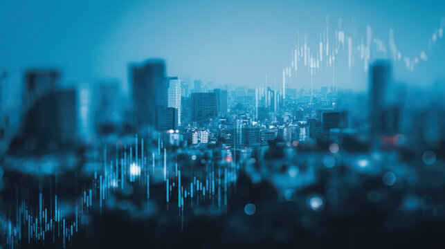 Cityscape, business data analytics, transparent stock market graph