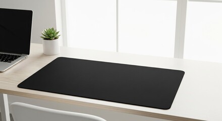 Modern office desk setup with black mouse pad and succulent plant