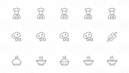 Depiction of chefs, bones, rolling pin, and bowls of soup in a cooking related icon set design silhouette