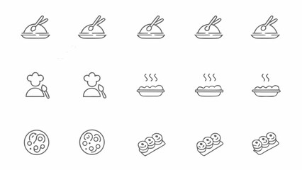 Collection of food icons including soup chef pizza and sushi in a simple line art style design silhouette