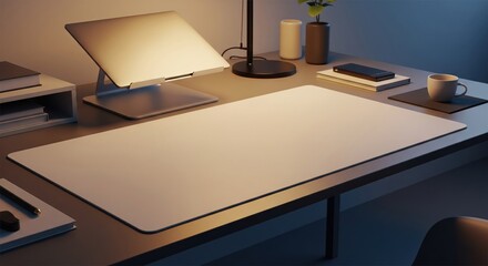 Minimalist modern workspace with laptop stand and desk lamp