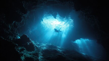 Enthralling Undersea Grotto: A solitary diver swims serenely through a sunlit underwater cavern, illuminated by radiant beams of light and offering a breathtaking view of aquatic exploration.