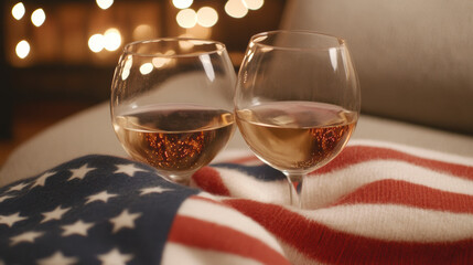 Cozy evening with two glasses of wine resting on soft American flag blanket, creating warm and inviting atmosphere perfect for celebration