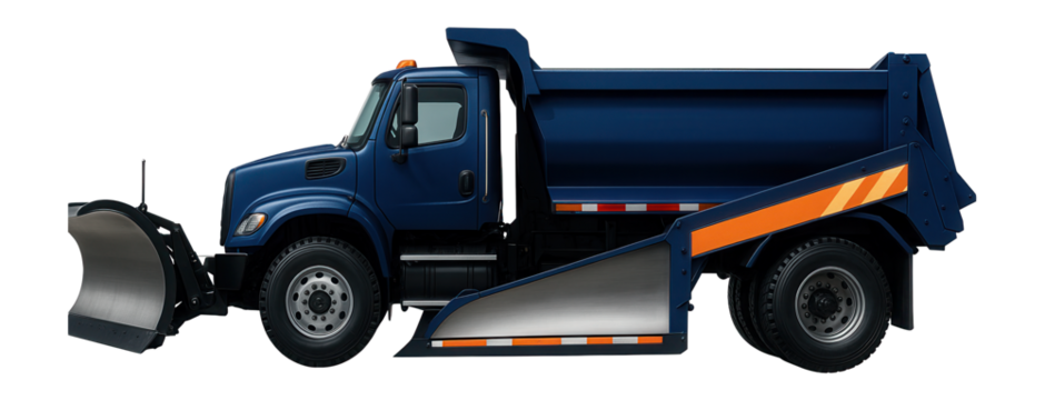 Blue heavy-duty snow plow truck with side-mounted wing plow and reflective safety stripes