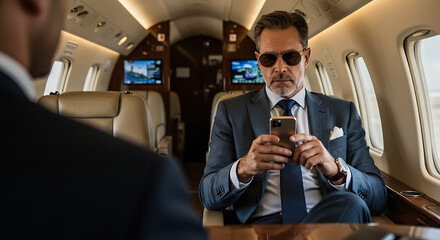 Elegant businessman using smartphone in private jet cabin travel