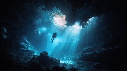Journey into the Depths: A lone diver gracefully explores the mysterious underwater cave, where beams of sunlight pierce through the dark water, creating a stunning contrast