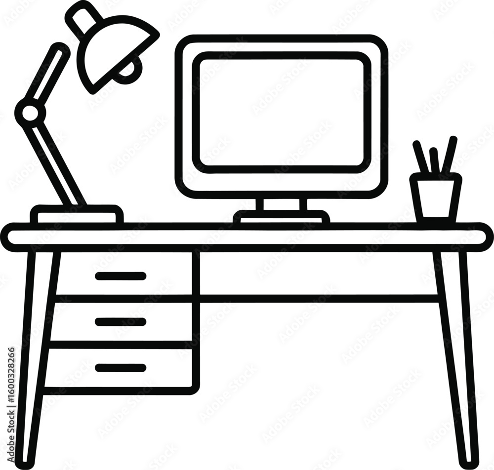 Fototapete minimalist line drawing of a desk with a computer lamp and pen holder depicting a workspace or offic