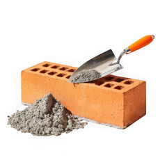 Brick with mortar and trowel isolated on transparent background