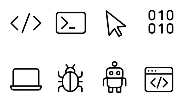 Linear icon set of coding, programming, and technology symbols