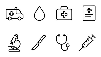 Fototapeta premium Linear icon set of medical emergency and healthcare equipment