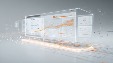 Futuristic transparent stock market dashboard with business data