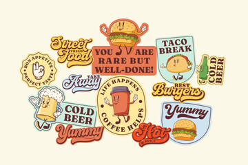 Groovy Burger Retro Character Stickers Set. Cartoon Hamburger, Taco, Coffee, Beer Walking and Smiling. Vector Street Food Mascot Templates Patches Collection. Vintage Fast Food Illustrations Isolated