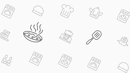 Fototapeta premium Line art illustration showcasing various cooking and baking related icons scattered across the frame design silhouette