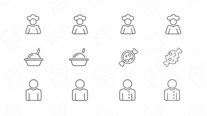 Fototapeta na wymiar Illustration showing a variety of culinary and confectionery icons including chefs, bowls, and candies silhouette