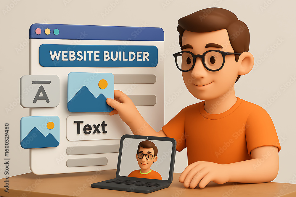 Poster website builder concept with a cartoon character designing a webpage on a laptop