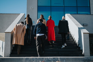 A rear view of six individuals climbing outdoor stairs towards a glass-fronted modern building on a...