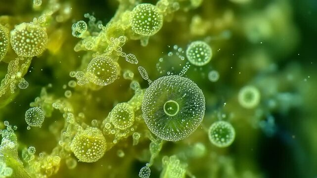 Microscopic View of Algae in Vibrant Green Environment