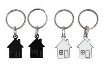 Four house shaped keychains isolated on transparent background