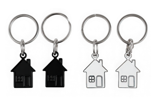 Four house shaped keychains isolated on transparent background