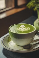 A cup of matcha green tea latte close up background.