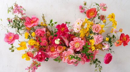 Vibrant floral arrangement captured from above on a clean white surface.