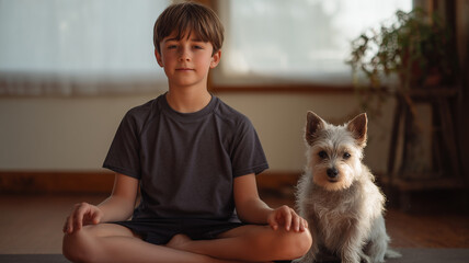 This Young boy meditates in a relaxed yoga pose alongside his dog in a peaceful indoor environment.