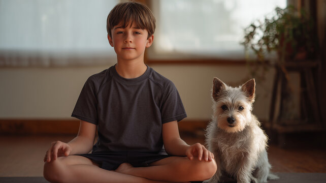 This Young boy meditates in a relaxed yoga pose alongside his dog in a peaceful indoor environment.