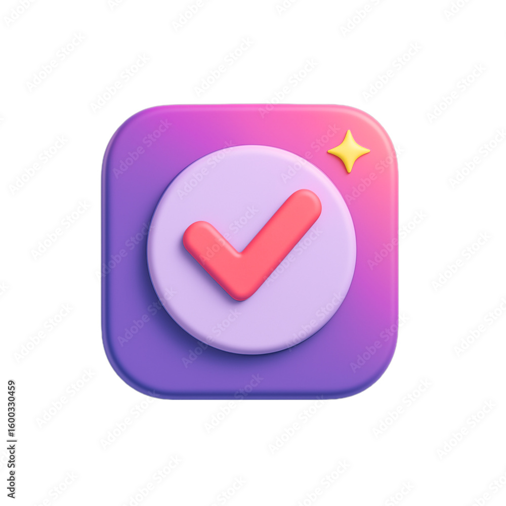 Poster 3d checkmark icon with gradient background and star isolated on transparent background