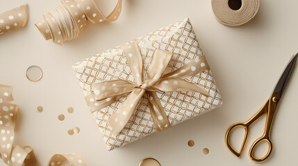 a stylish wrapped gift box, surrounded by matching accessories like gold scissors and ribbon on a neutral background. for celebrating holidays, birthdays, or any special occasion.
