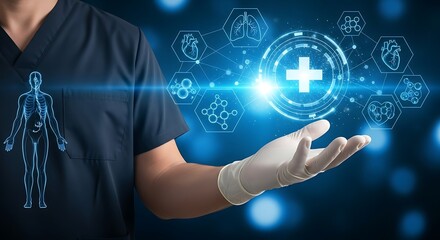 A person in scrubs with a gloved hand holding a digital interface of medical and scientific icons