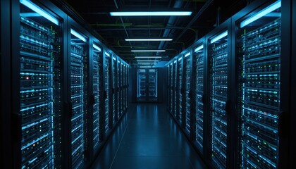 Modern data center hallway filled with rows of active servers. Glowing blue, green lights from advanced technology create cool atmosphere. High tech infrastructure supports massive data storage,