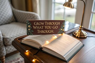 Cozy Home Interior with Inspirational Quote and Open Book Display