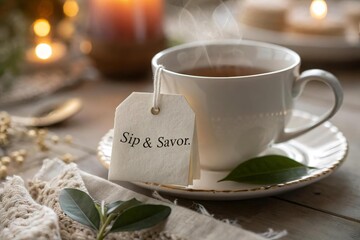 Fototapeta premium Cozy Moment with Tea Cup and Tag Sip and Savor on Rustic Table