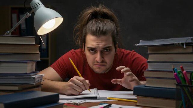 Stressed young male student cramming for an exam late at night. Overwhelmed man studying hard with books under a desk lamp.