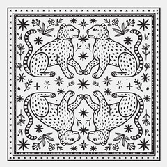 Symmetrical Leopard Scarf Pattern – Hand Drawn Animal and Floral Design