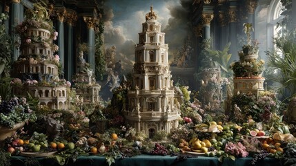 Obraz premium Opulent Baroque Garden Feast: A Whimsical Still Life