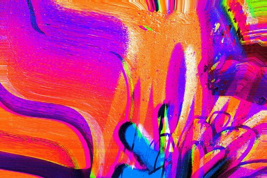 Vibrant psychedelic abstract design featuring neon pink, orange, blue. 80s glitch style, vivid tones, dynamic shapes. Posters, digital art, creative banner, modern 90s, Y2K visuals.