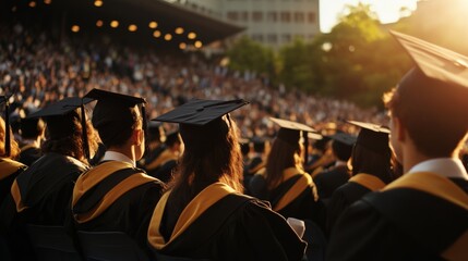 University graduation day, panoramic shot of graduation ceremony with students in gowns